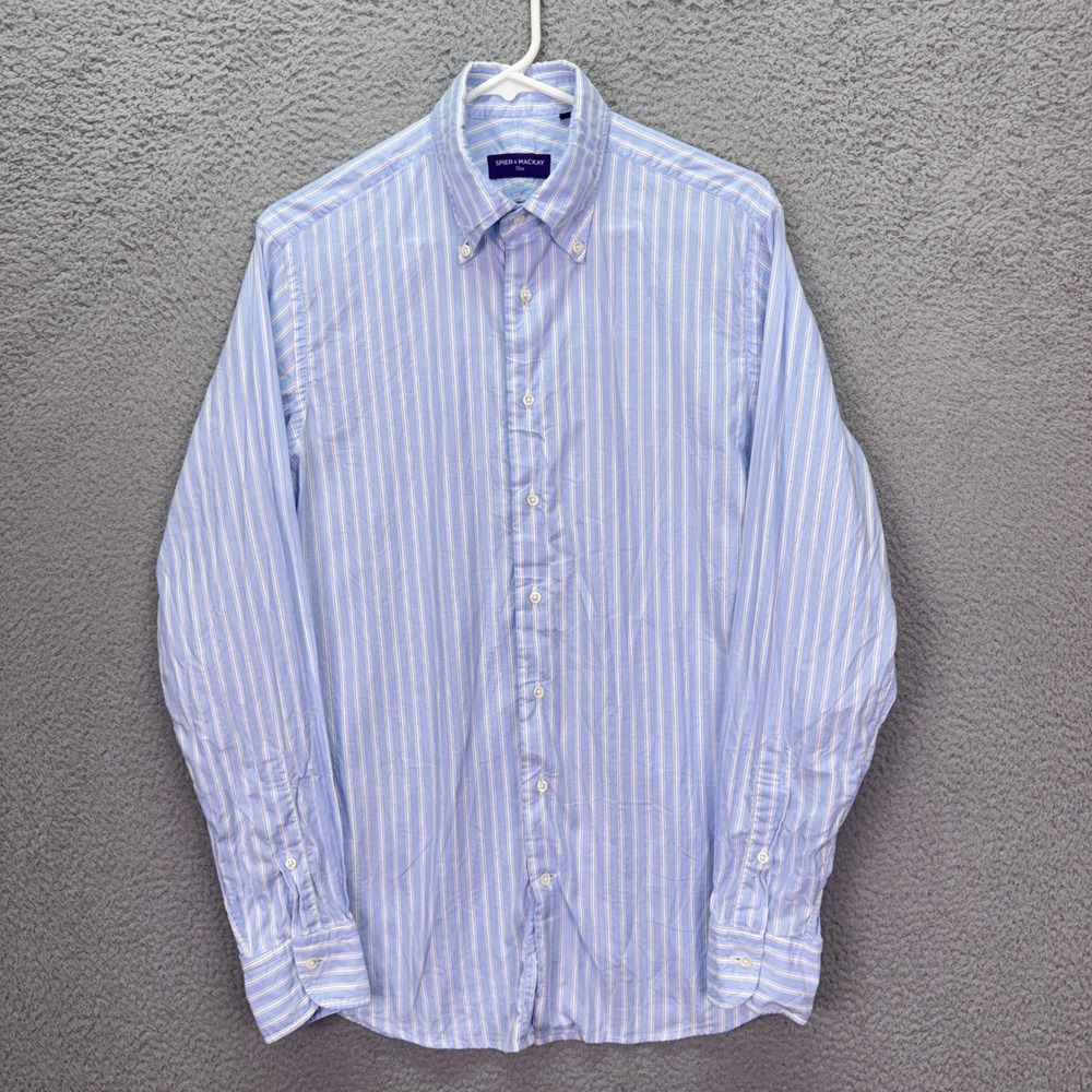 Spier & Mackay Shirt Mens 15 Blue White Striped Slim Fit Button Cotton Preppy